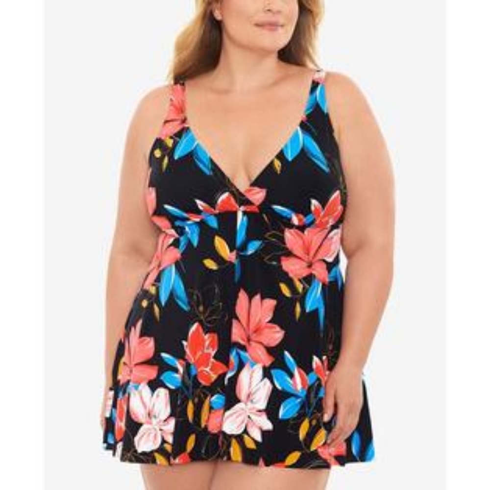 Swim Solutions Floral Park Black Plus Size Surplice Swim Dress Sz 24W 24 W NWT
